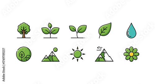 Vibrant collection of green nature-themed vector icons, including a tree, sprouting plants, leaves, a water droplet, mountains, the sun, and a flower, presented as a clean, modern line art