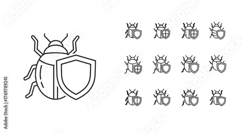 Minimalistic linear sign of a bug with a shield, representing cybersecurity, protection, and bug fixing, suitable for web design, app icons, banners, social networks, and cards. This vector cartoon