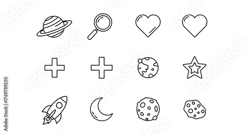 A collection of outline-style vector icons featuring celestial bodies like planets, stars, and moons, alongside common symbols such as hearts, plus signs, and a magnifying glass, presented on a black