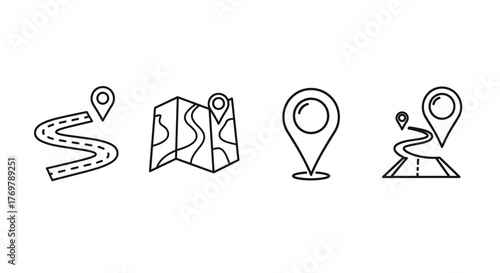Set of four modern outline-style icons representing navigation and travel: a winding road with a pin, a folded map with a pin, a standalone map pin, and a road leading to a pin, perfect for digital