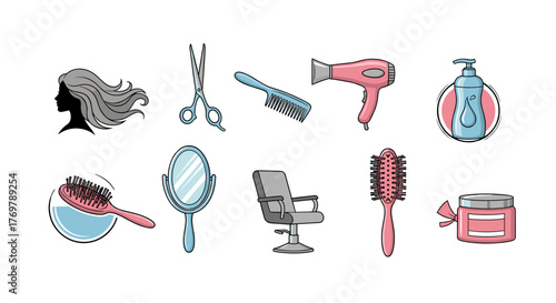 A vibrant collection of cartoon-style hair salon and beauty parlor essentials, including a silhouette of a woman's flowing hair, scissors, combs, a hairdryer, a mirror, a salon chair, a shampoo