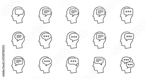 Set of thin line icons representing speech bubbles within a human head silhouette, symbolizing thoughts, communication, and ideas. This vector cartoon illustration is perfect for websites, books