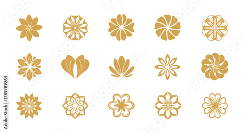 Collection of fifteen elegant golden floral and abstract geometric ornamental symbols and icons set against a plain black background, perfect for decorative design elements, logos, and artistic