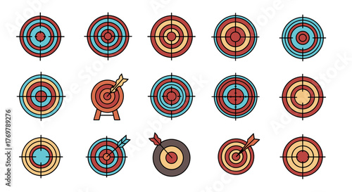 Collection of stylized target icons featuring concentric circles in red, blue, and yellow, some with arrows indicating a bullseye hit, representing accuracy, goals, and precision in a modern, graphic