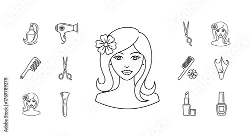 Collection of beauty and hair salon icons in a minimalist outline style, featuring a woman's face with a flower, hairdryer, scissors, comb, makeup brush, lipstick, and nail polish, perfect for beauty