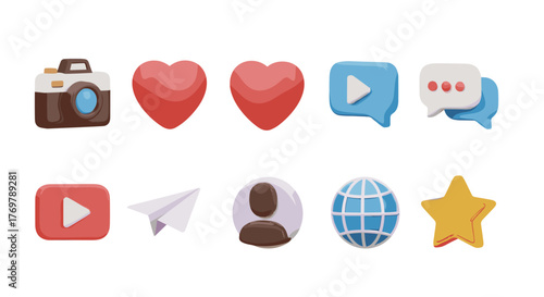 A vibrant 3D rendering showcases a collection of popular social media icons, including a camera, hearts, play buttons, chat bubbles, a paper airplane, a user profile, a globe, and a star, presented