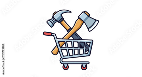 Conceptual vector illustration depicting a hammer and an axe crossed over a shopping cart, symbolizing the purchase or acquisition of tools, hardware, or DIY supplies, set against a stark black