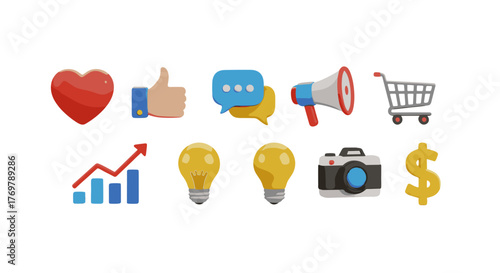 A vibrant collection of 3D rendered icons representing key business and marketing concepts, including a red heart for engagement, a thumbs-up for approval, chat bubbles for communication, a megaphone