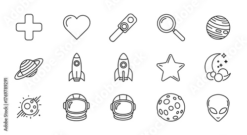 A collection of hand-drawn line icons featuring a plus sign, heart, magnifying glass, globe, and other symbols, presented in a sketchy, cartoonish style. These versatile outline graphics are perfect