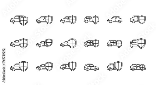 Collection of car outline icons with shield protection, symbolizing auto insurance, security, and safety. These versatile vector graphics are perfect for web design, app development, advertising, and