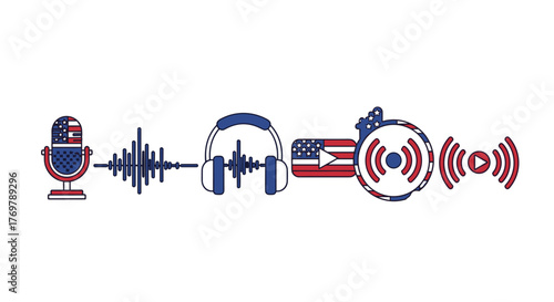 USA themed audio icons including a microphone, sound waves, headphones, a play button, and broadcast signals, symbolizing podcasting, broadcasting, and digital media creation with patriotic American