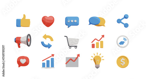 Vibrant 3D social media icons and marketing illustrations, including a thumbs-up, heart, chat bubbles, share icon, megaphone, refresh arrows, shopping cart, bar charts, line graphs, a lightbulb, and