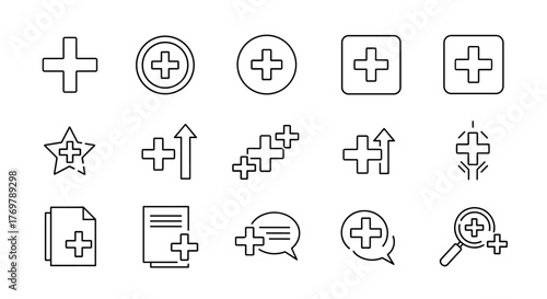 Bundle of Plus Sign Related Line Icons: A comprehensive collection of outline signs for graphic and web design, apps, adverts, and various cards, presented as a vector cartoon illustration with a