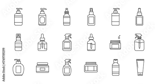 Collection of cosmetic and skincare product outline icons, including pump bottles, spray bottles, dropper bottles, jars, and tubes, perfect for graphic design, web design, apps, advertisements, and