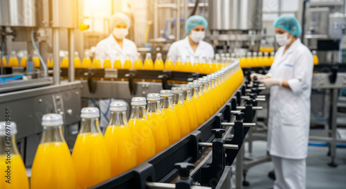Soft Drink Bottling Plant with Conveyor Belt, Juice Factory Production Line, Orange Beverage Bottling Process, Industrial Food Production, Manufacturing Automation, Healthy Drinks Industry, Production