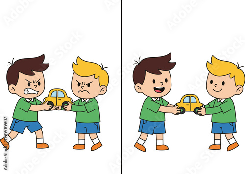 children, toy, car, play, conflict, sharing, cooperation, cartoon, illustration, vector, design, creative, lifestyle