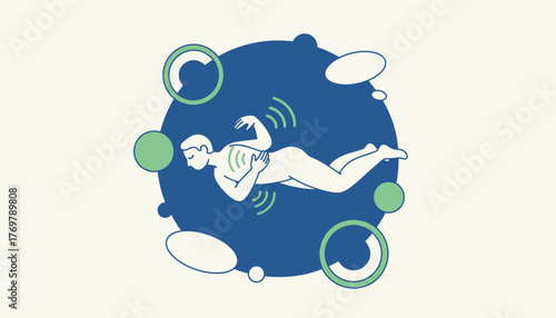 Person finding relief from back pain and muscle discomfort while sleeping, receiving therapeutic vibrations or waves on the body, promoting wellness, relaxation, and better sleep technology