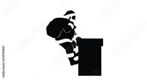 Santa Claus climbing down a chimney with a sack of gifts, a festive holiday silhouette.