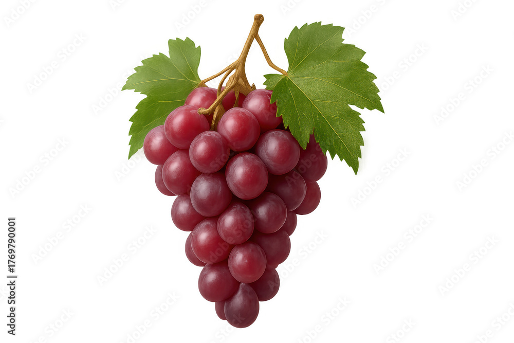 Fototapeta premium Red grapes bunch hanging from stem with green leaves, healthy organic fruit, fresh raw food on transparent background