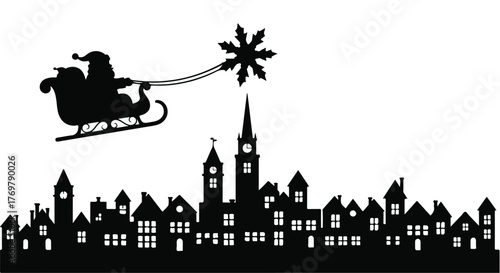 Santa Claus silhouetted in sleigh with reindeer flying over a festive town at night