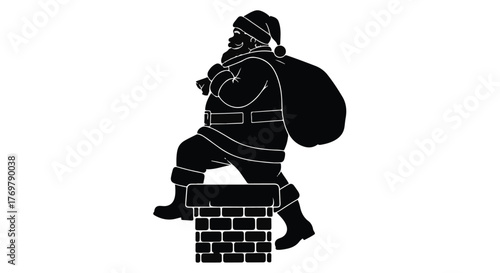 Jolly Santa Claus climbing down a chimney with a sack of gifts, ready for Christmas Eve.