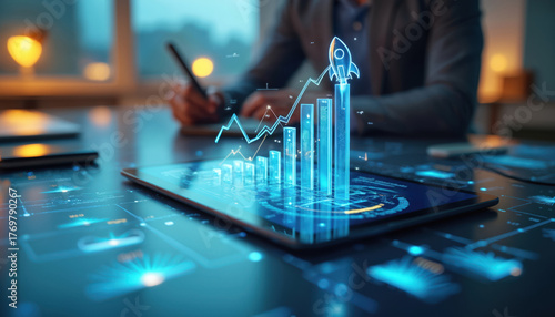 Business person works with tablet displaying growth chart data. Rocket soars above columns showcasing success. Financial analysis insights, data driven approach presented in modern tech workspace.