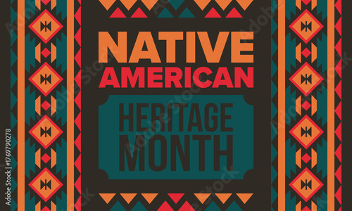 Native American Heritage Month in November. American Indian culture. Celebrate annual in United States. Tradition pattern. Poster, card, banner and background. Vector ornament, illustration