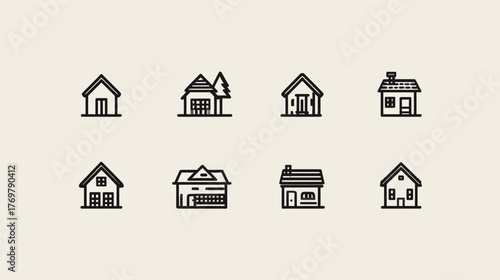 Grid of eight diverse, minimalist line art house icons on a light background