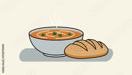 Comforting bowl of steaming soup garnished with fresh herbs, paired with a crusty loaf of bread for a wholesome, cozy homemade meal perfect for chilly days