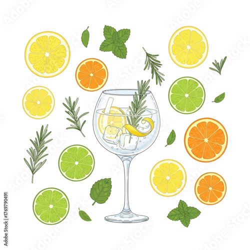 Delicious gin and tonic cocktail with lemon, lime, orange, rosemary, and mint ingredients