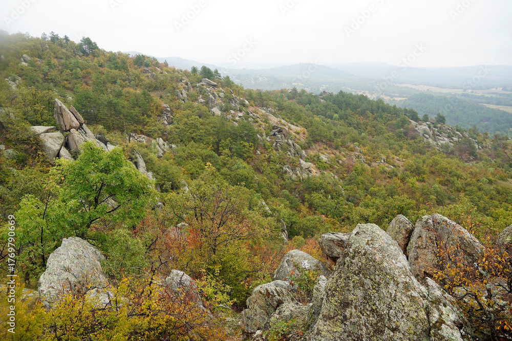 Obraz premium Mountain landscape panorama cliffs stones forest Balkans autumn cloudy day nature