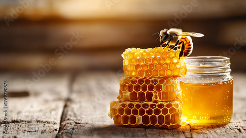 Sweet honey in a jar with honeycomb and a bee on top during sunset in a rustic setting