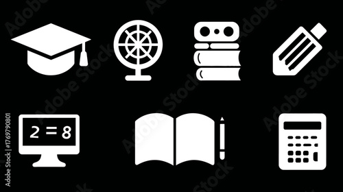 White educational icons including a grad cap, globe, books, pen, monitor and calculator