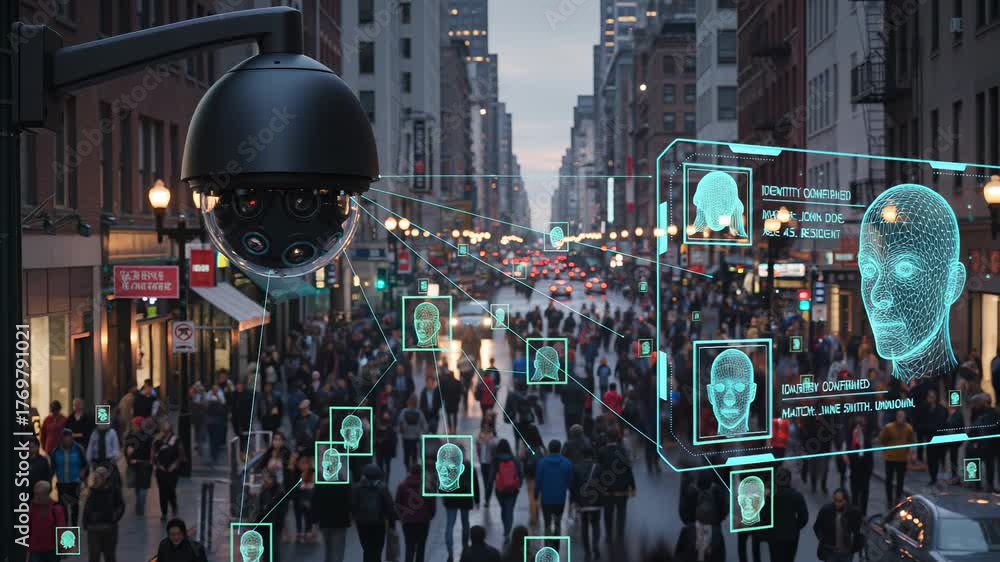 High-tech surveillance camera mounted on urban street pole performs ...