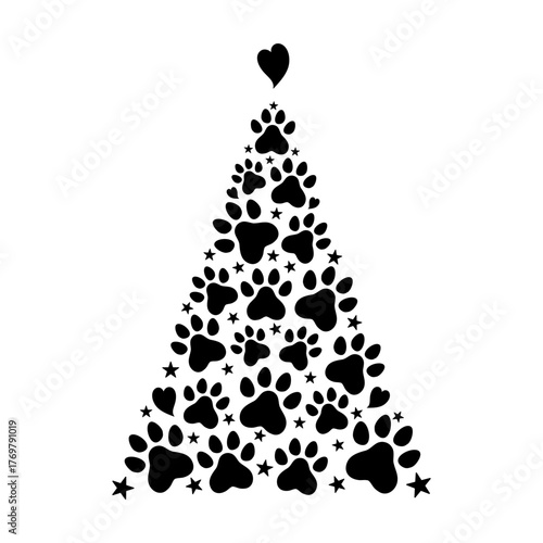Paw print Christmas tree, hand drawn vector illustration. Christmas and New Year symbol for cat and dog lovers. Unique silhouette icon for festive winter designs and decorations.