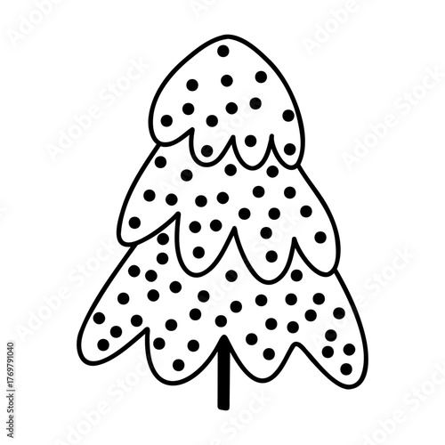 Christmas tree vector illustration, hand drawn pine tree doodle. Christmas and New Year symbol. Unique silhouette icon for festive winter designs and decorations.