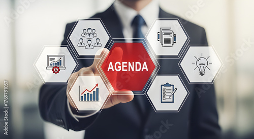 Agenda meeting appointment activity information concept. List of meeting activities in the order to be taken up, beginning with the call to order, ending with adjournment. Touching agenda on screen.