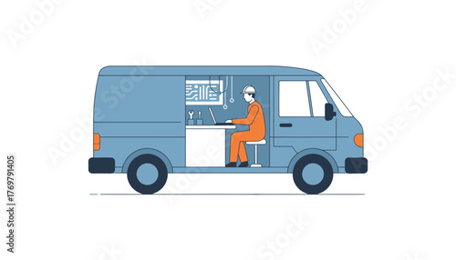 Technician wearing a hard hat and orange uniform operating a laptop inside a blue service van, representing mobile it support, electronics diagnostics, and on site maintenance work