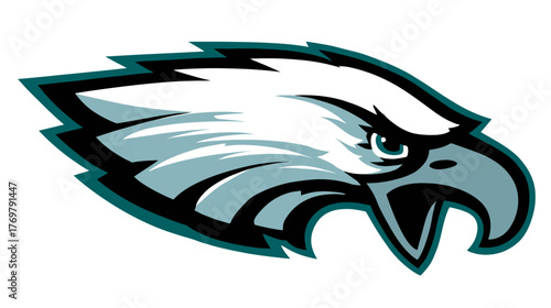 A head of a bird with sharp beak and intense gaze, in shades of teal, white, and black