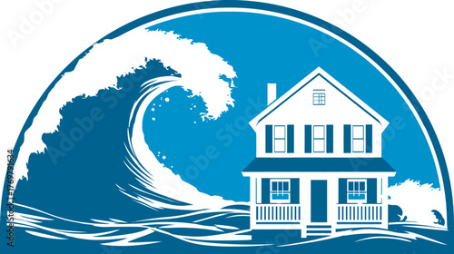 A coastal house silhouette in a blue arch, facing a massive stylized ocean wave