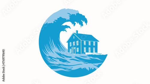 Blue wave engulfs two story house illustration against white background