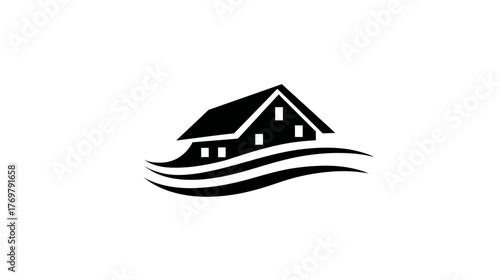 Stylized black and white image of a house with windows atop wavy lines, suggesting a home