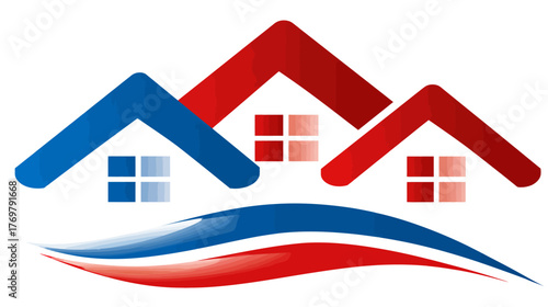 Logo featuring stylized blue and red roofed houses above a curved line design