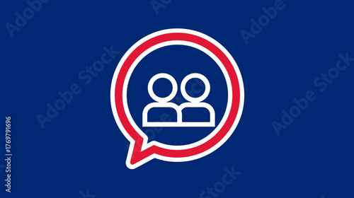 Red and white chat bubble containing two person icons on a dark blue background
