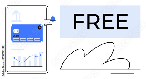 Tablet displaying financial dashboard with card, settings gear, chat bubble, notification bell, and line graph. Word FREE emphasized to suggest no cost. Ideal for finance, banking, savings budget