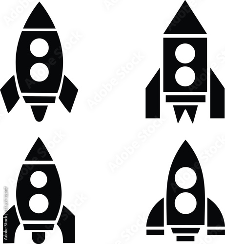 Rocket Icon Set, Minimalist Spacecraft Silhouettes for UI and Design