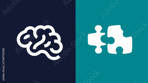 Stylized icons of a brain and puzzle pieces on a split blue and teal background