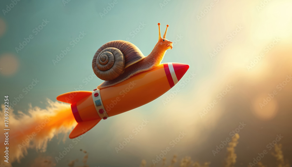 Naklejka premium Snail rides rocket in sky. Symbol of slowness with rocket speed. Idea represents moving forward. Funny, cute, optimistic illustration with concept of journey. Determination to dream about success.