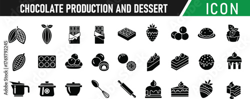 Chocolate production and dessert glyph icon set. Including Cocoa Bean, Chocolate Bar, Truffle, Candy, Cupcake, Ice Cream, Donut, Lollipop. Vector silhouette sign illustration