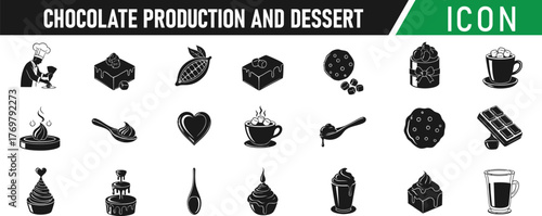 Chocolate production and dessert glyph icon set. Including Cocoa Bean, Chocolate Bar, Truffle, Candy, Cupcake, Ice Cream, Donut, Lollipop. Vector silhouette sign illustration